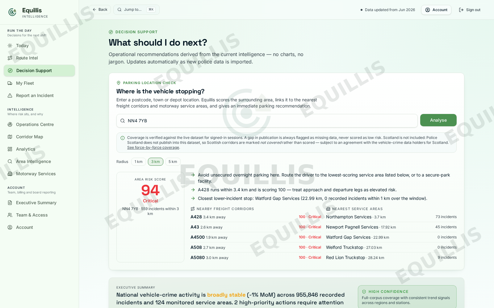 Equillis postcode check scoring an NN4 7YB parking location with safer alternatives