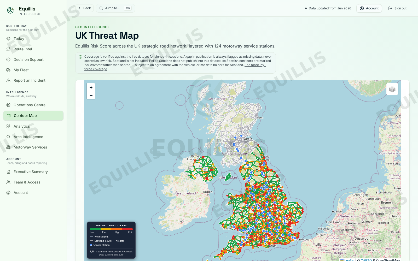 Equillis UK threat map showing the strategic road network banded by risk